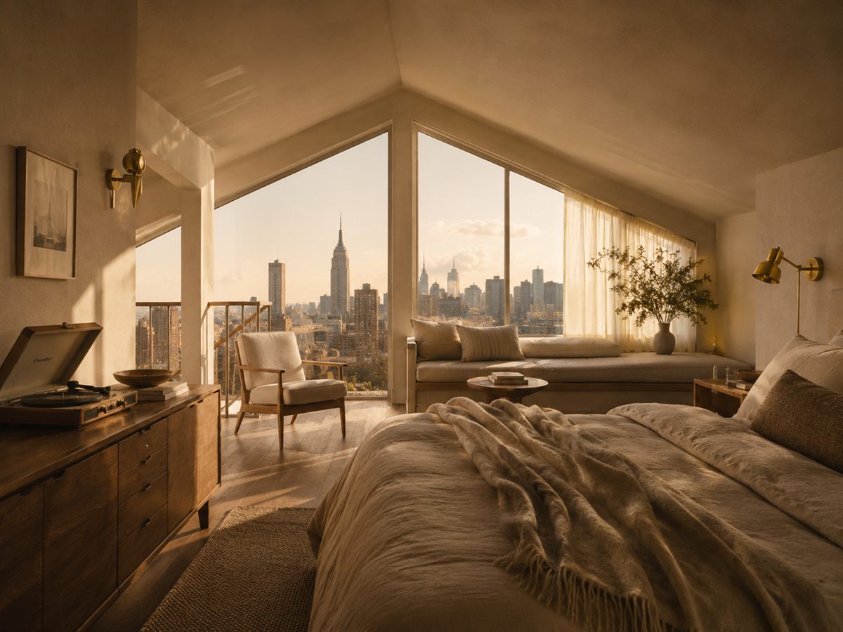 The Loft — top-floor room with skyline views and afternoon sun
